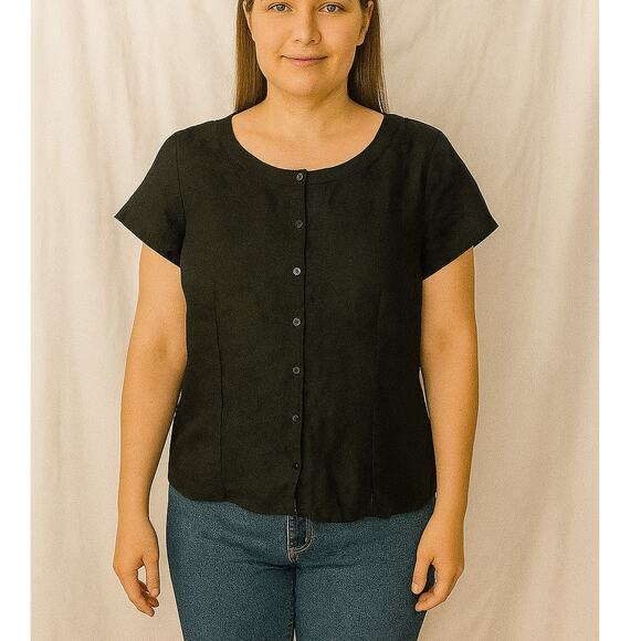 Eileen Fisher Black 100% Irish Linen Button Blouse Top Cap Sleeves LARGE - Picture 3 of 16